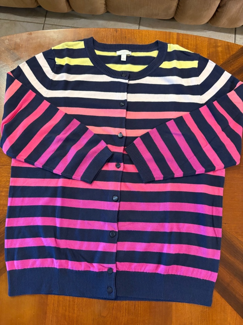 Talbots Women’s Ombré Striped Navy and Pink Women’s Button Cardigan Sweater